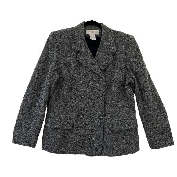 Jones New York Vintage Wool Blazer Jacket Peacoat Grey Tweed Double Breasted 12 - Picture 1 of 10